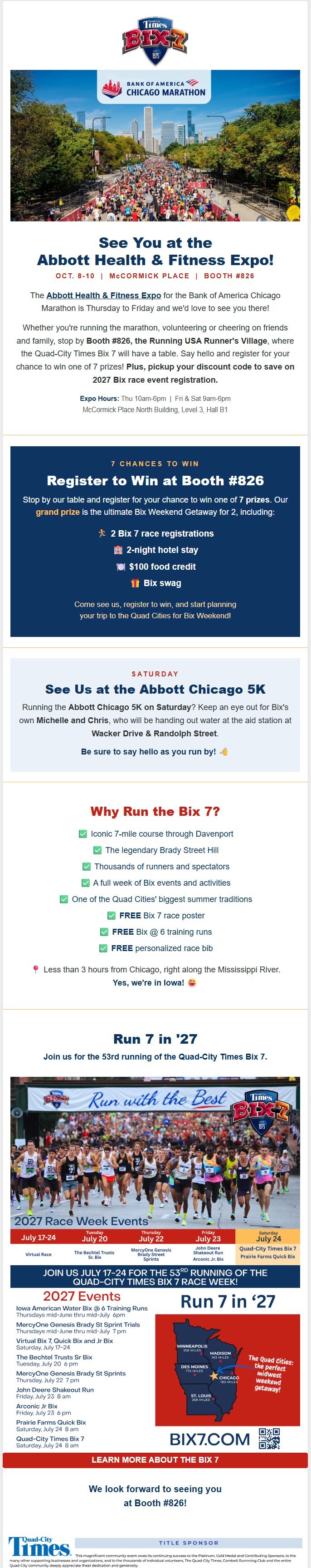 Bix 7 email: Chicago Marathon weekend