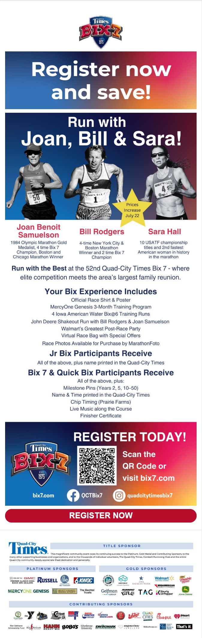 Bix 7 email: Register now and save, run with Joan, Bill and Sara