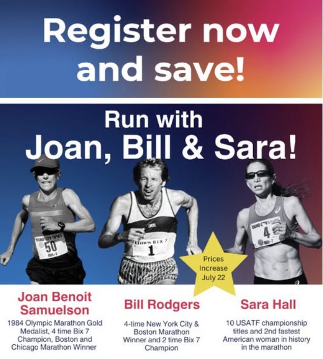Bix 7 social post: Register now: run with Joan, Bill and Sara
